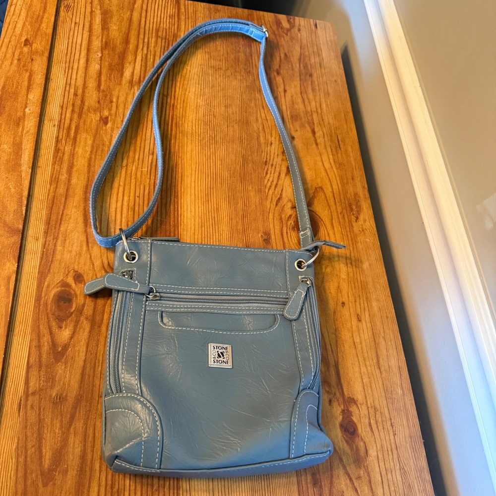 Stone & Co Blue Faux Leather Crossbody Bag Multi Pocket Silver Hardware